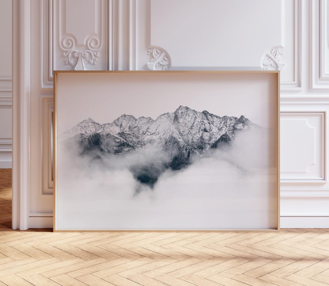 Black and White Snowy Mountain Peaks Above Fog Minimalist Poster