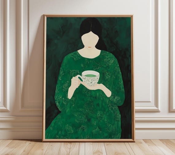 Emerald Green Woman Art Print Modern Coffee Artwork
