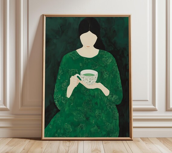 Emerald Green Woman Holding Teacup Modern Coffee Art Illustration Poster