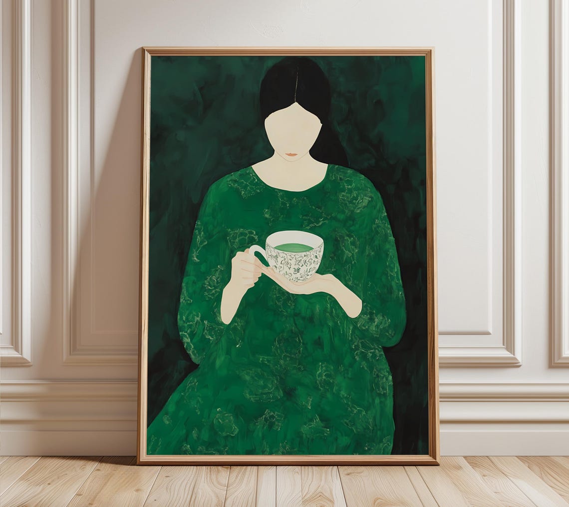 Emerald Green Woman Art Print Modern Coffee Artwork