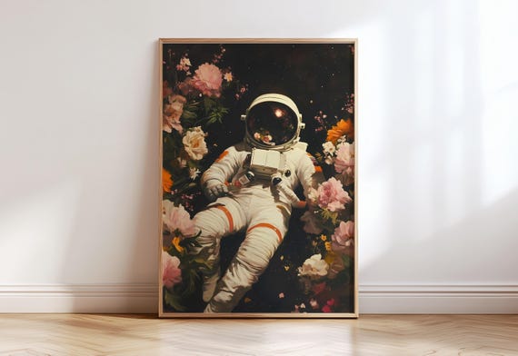 Surreal Astronaut Floating Among Blooming Flowers Space Art Print