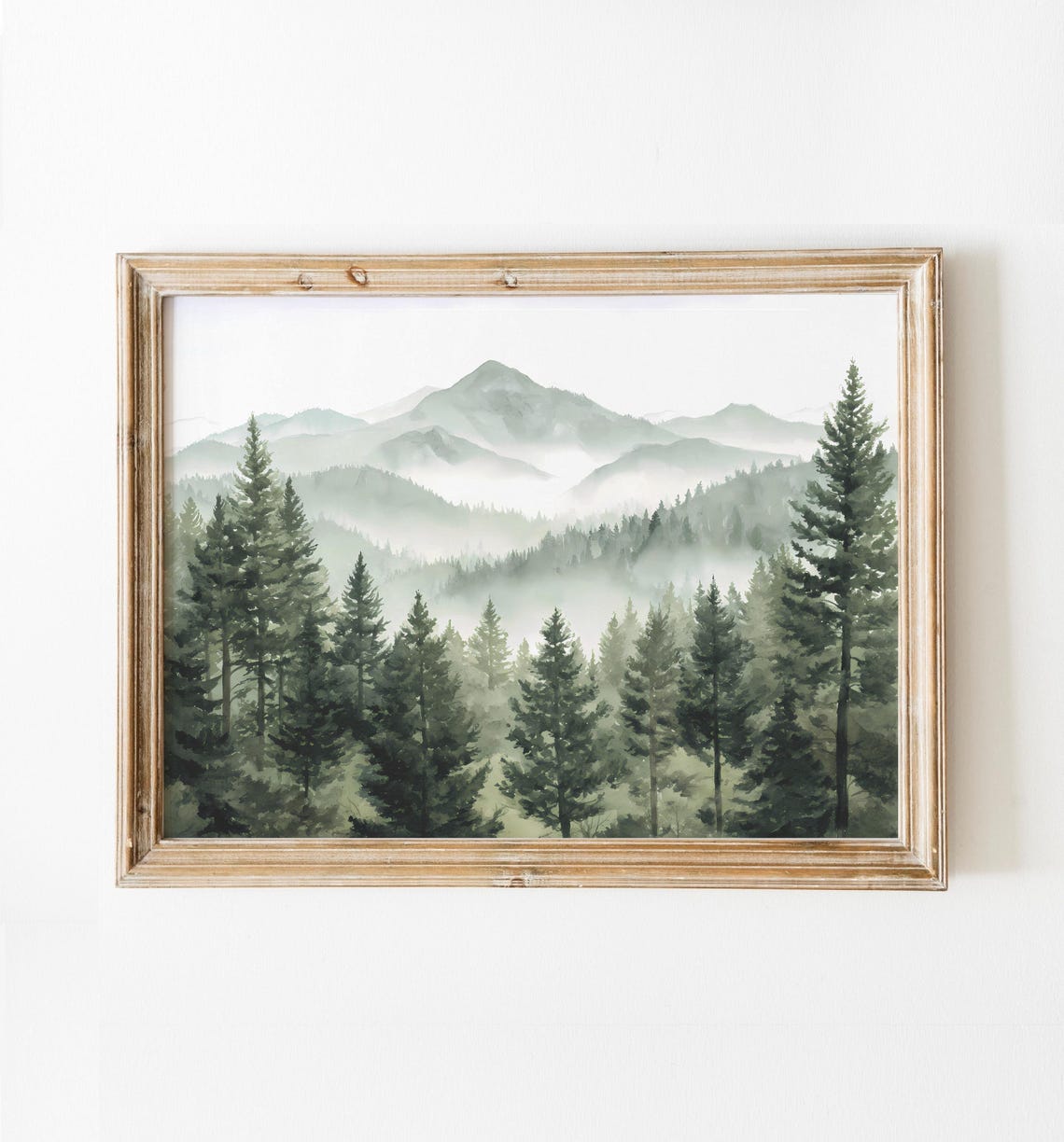Misty Pine Forest Mountain Valley Sage Watercolor Poster Art