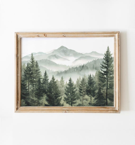 Forest Mountains Art Print Sage Green Landscape Illustration Watercolor Nature Poster Wall
