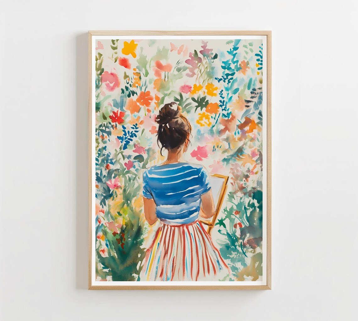 Watercolor Artist Woman Painting Among Vibrant Florals Feminine Print