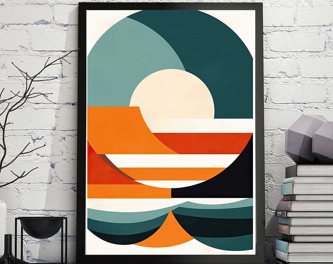 Mid Century Modern Ocean Sunset Abstract Geometric Waves Poster