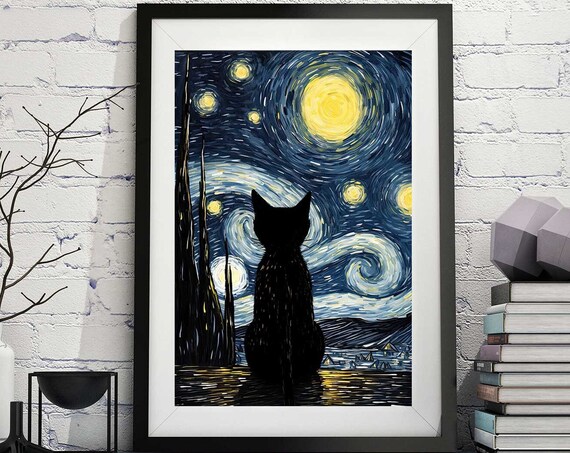 Van Goghs The Starry Night Black Cat Poster Print Beautiful Home Decor Wall Art 108