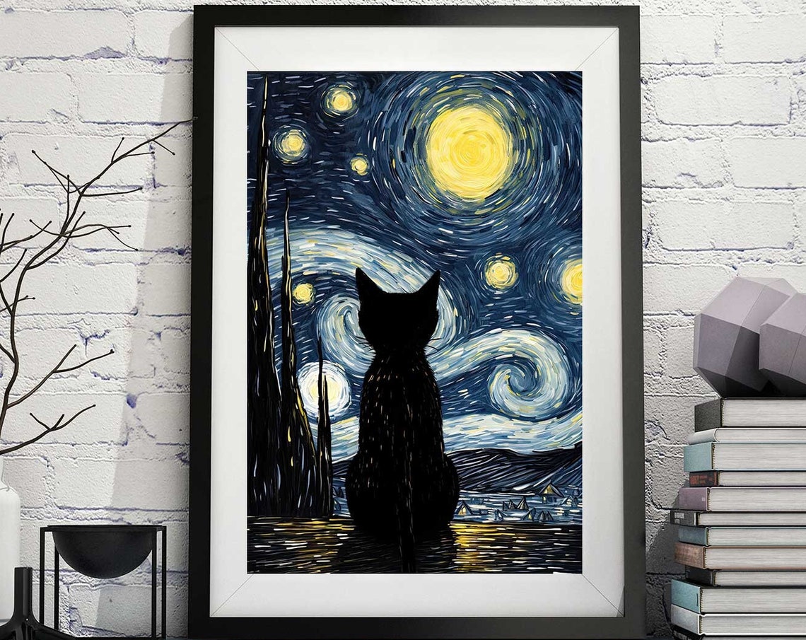 Black Cat Watching Starry Night Sky Van Gogh Style Cat Lover Poster
