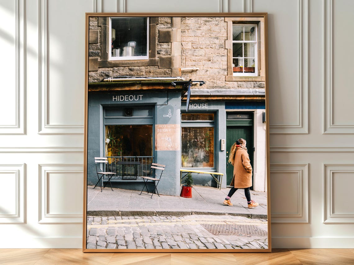 Hideout Cafe Corner Cobblestone Street Cafe Scene Photo Poster