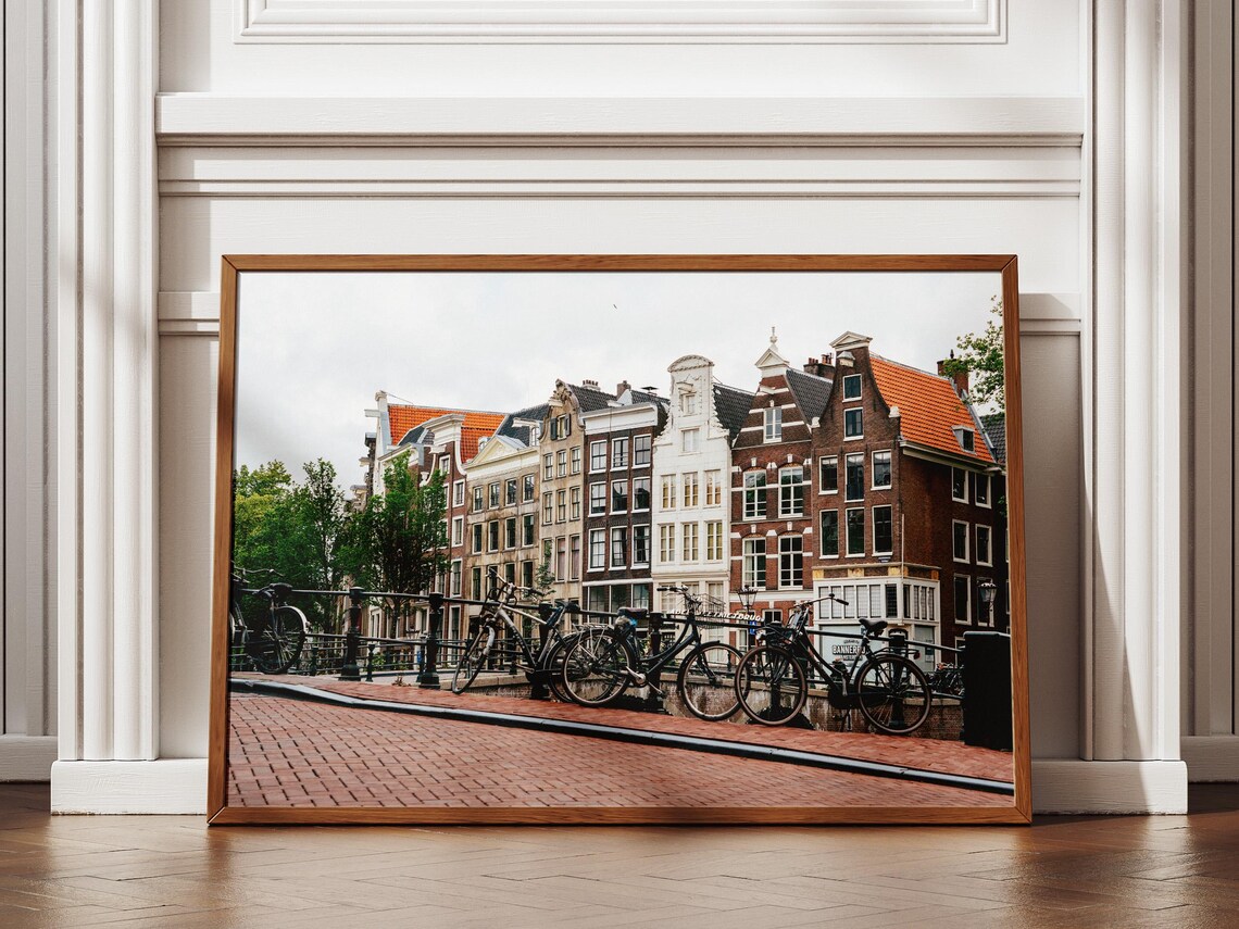 Amsterdam Bridge Bicycles Canal Houses Photography Travel Poster