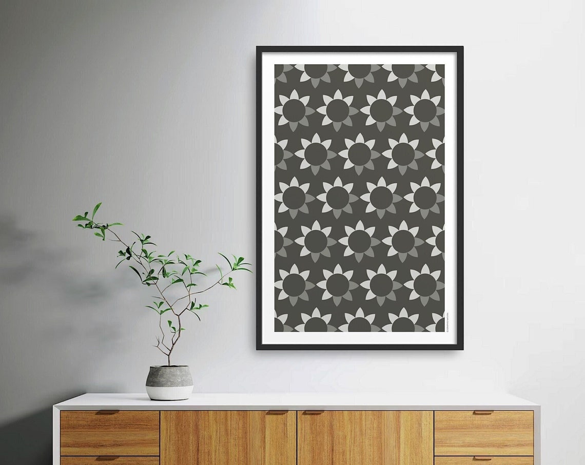 Geometric Flower Art Print Black White Floral Wall Art Geometric Floral Wall Art Flower Poster Living Room Decor Organic Modern Decor
