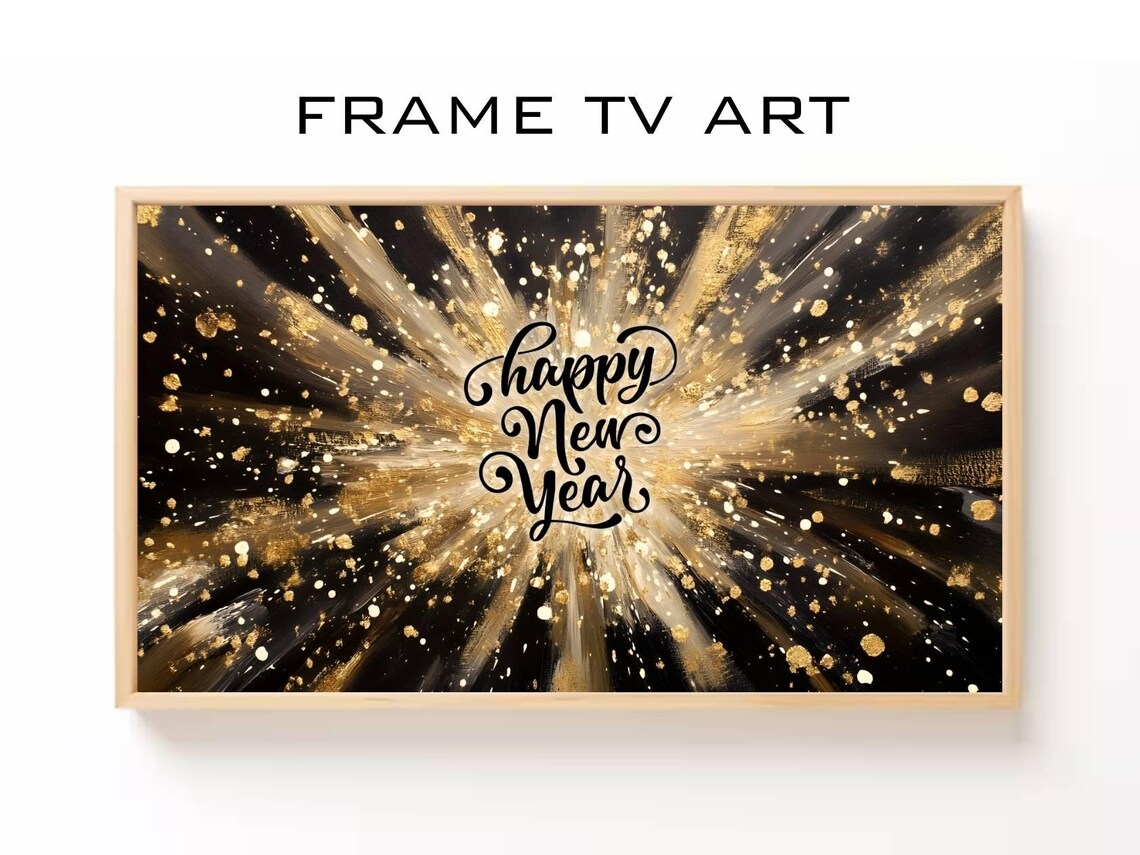 Black And Gold Fireworks Happy New Year Night Sky Frame TV Art Poster