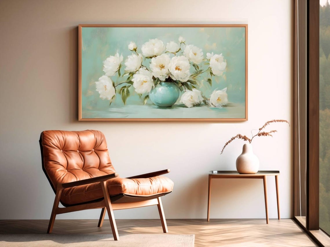 Elegant White Peonies Blue Vase Soft Pastel Floral Frame TV Art Print - Image 4