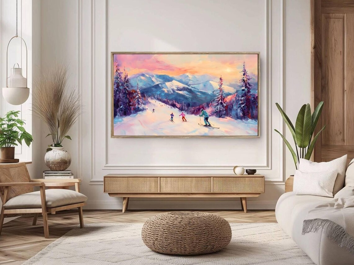 Colorful Skiers Snowy Mountain Sunset Slope Impressionist Winter Painting Art - Image 3