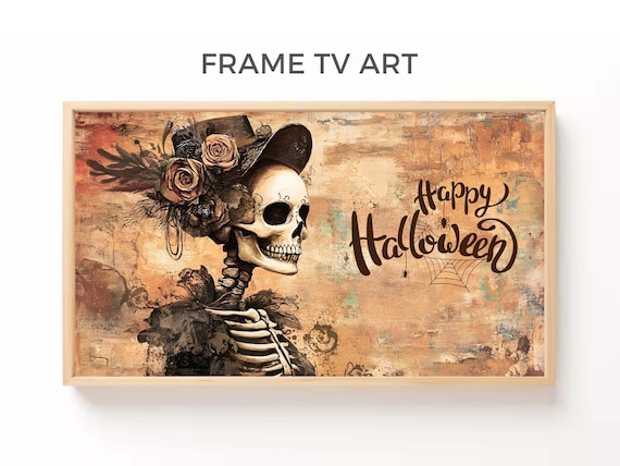 Vintage Skeleton Floral Hat Happy Halloween Script Spooky Wall Art Poster