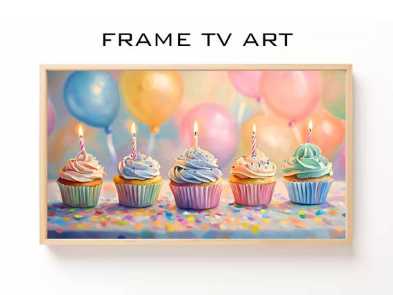 Birthday Cupcakes Frame Tv Art Cute Cupcake Party Decor For Frame Tv Kids Birthday Celebration Art
