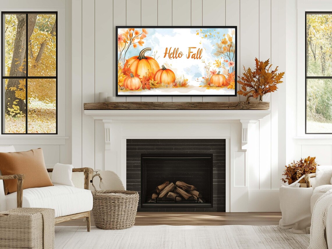 Hello Fall Watercolor Pumpkins Autumn Leaves Script Text Wall Art Poster - Image 3