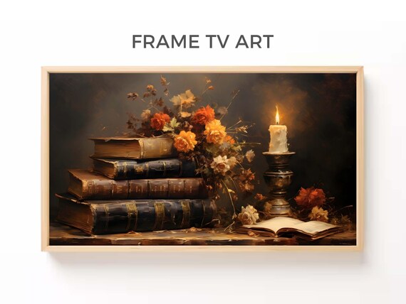 Antique Books Stack Candlelit Autumn Flowers Moody Vintage Still Life Poster