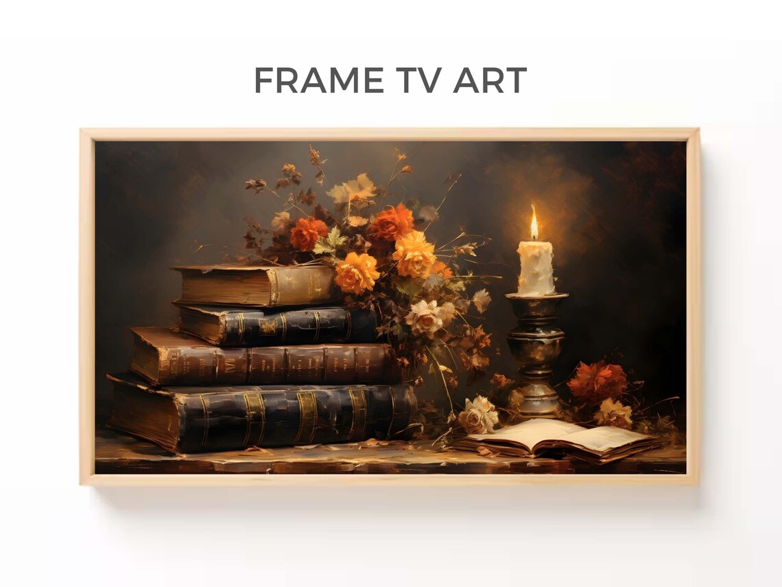 Antique Books Stack Candlelit Autumn Flowers Moody Vintage Still Life Poster