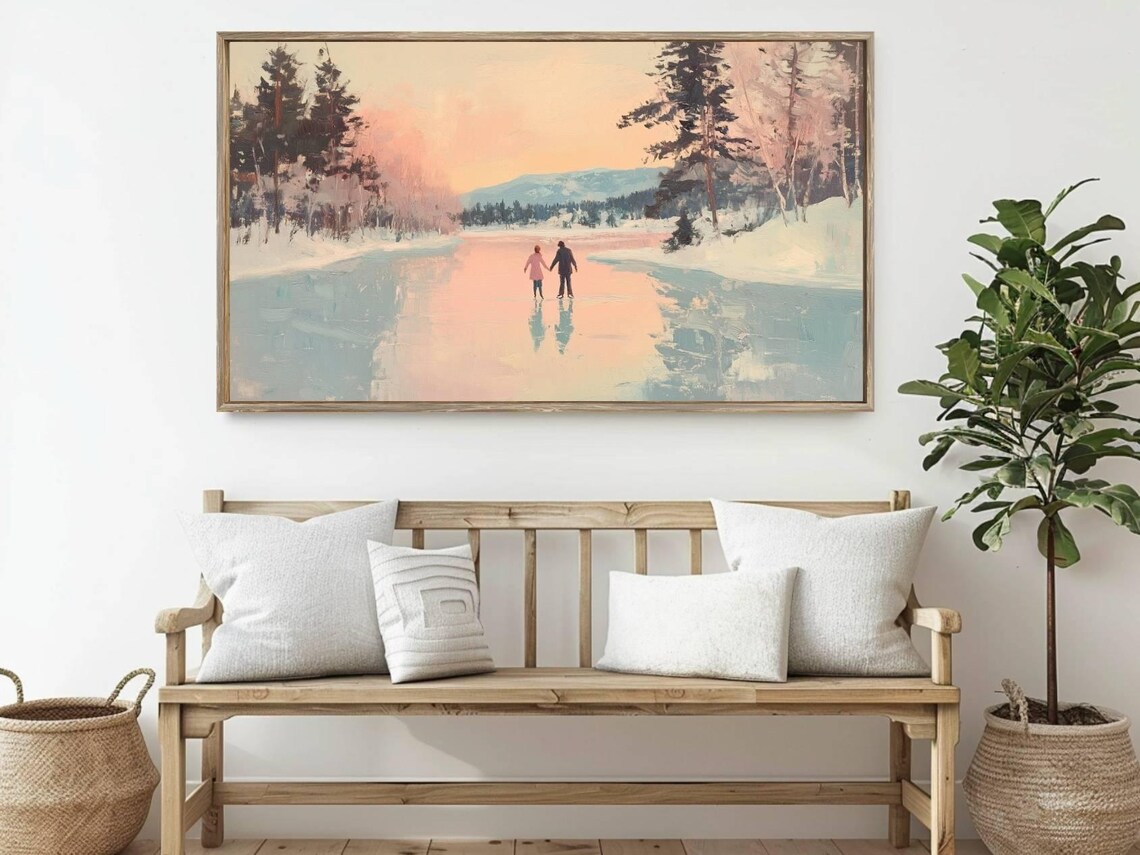 Vintage Couple Ice Skating Frozen Lake Pink Sunset Winter Frame TV Print - Image 2