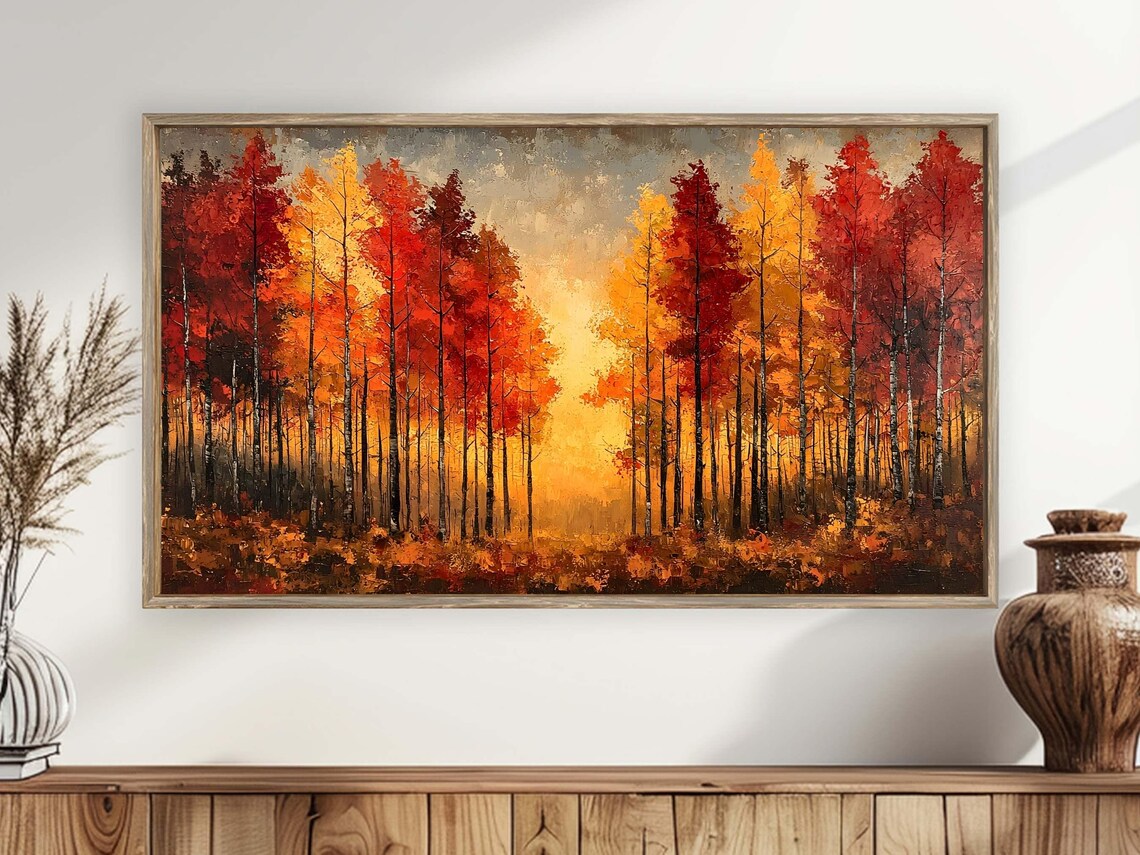 Fiery Red Autumn Forest Sunset Golden Fall Trees Textured Oil Painting Poster - Image 4