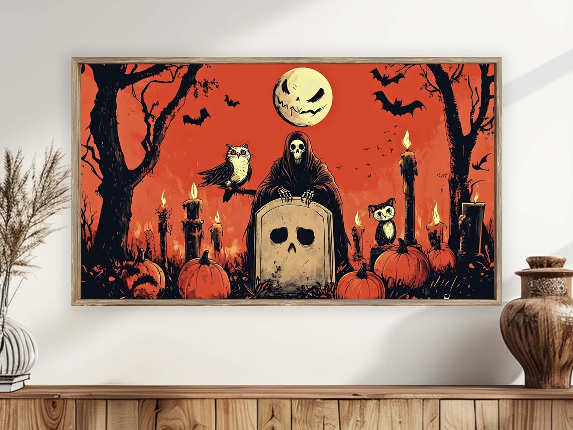 Spooky Skeleton On Graveyard, Halloween Art Print - Image 4