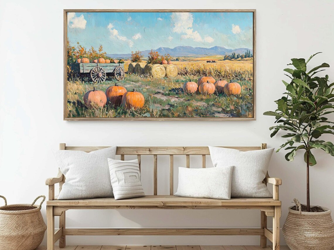 Pumpkin Harvest Field Wagon Hay Bales Blue Sky Impressionist Painting Poster - Image 2