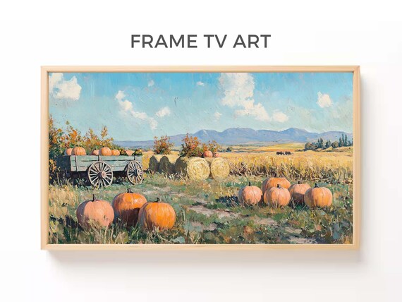 Pumpkin Harvest Field Wagon Hay Bales Blue Sky Impressionist Painting Poster