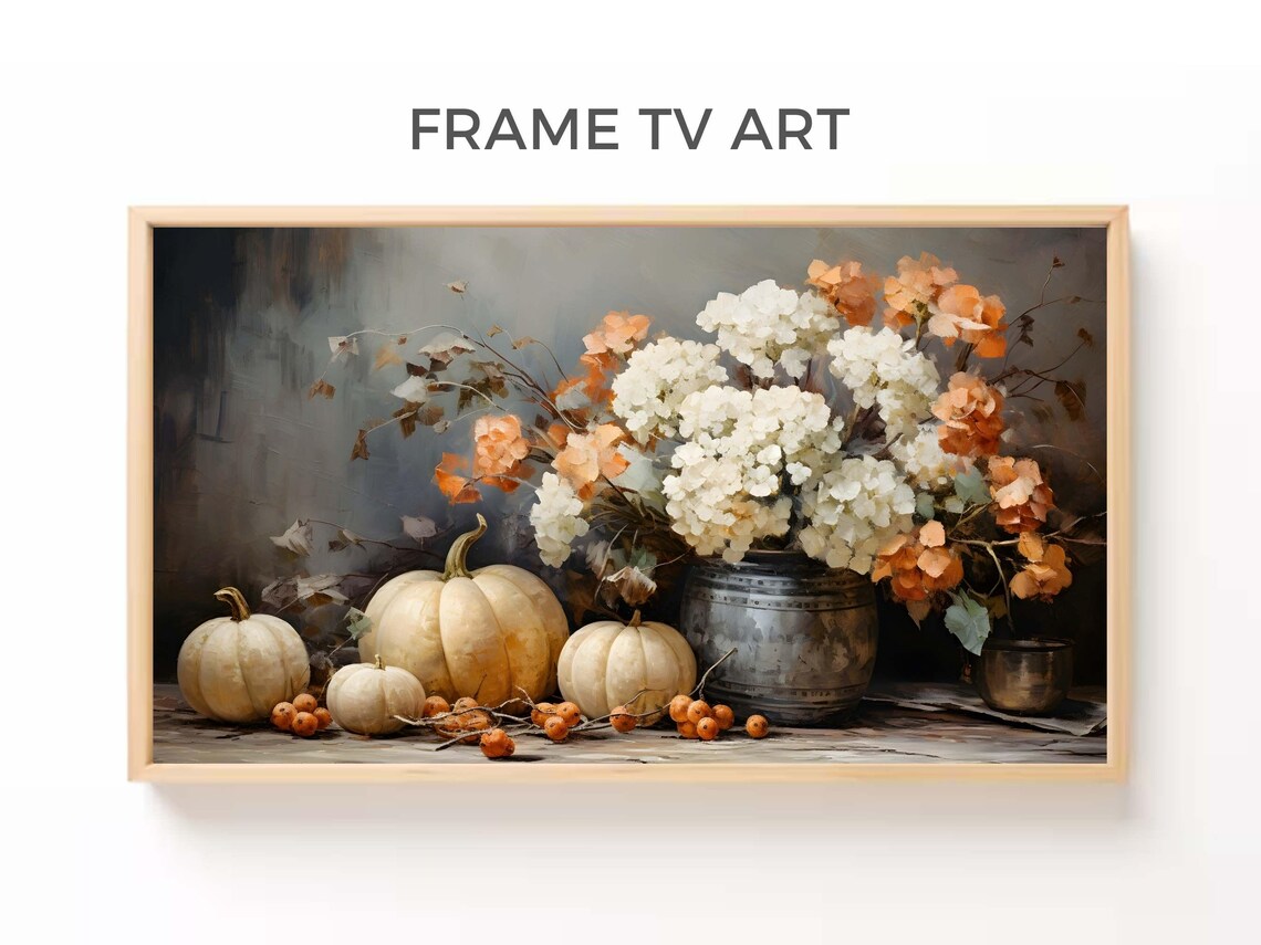 White Pumpkins Hydrangeas Still Life Rustic Vintage Oil Painting Wall Poster