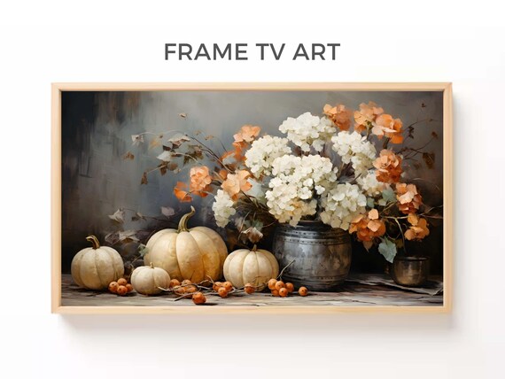 White Pumpkins Hydrangeas Still Life Rustic Vintage Oil Painting Wall Poster