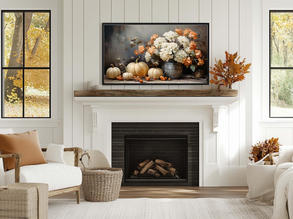 White Pumpkins Hydrangeas Still Life Rustic Vintage Oil Painting Wall Poster - Image 3