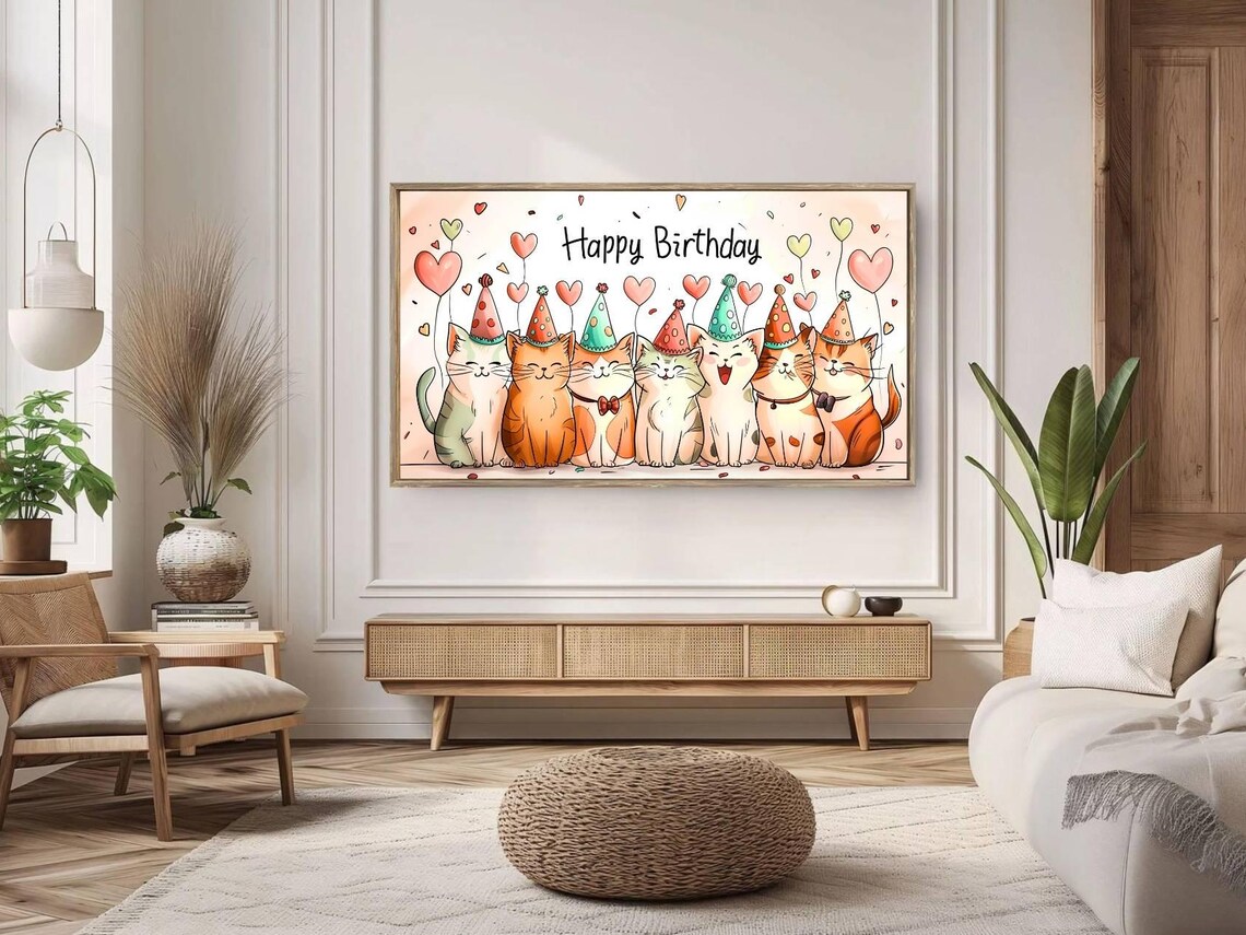 Happy Birthday Cats Party Hats Heart Balloons Cute Watercolor Wall Art Poster - Image 3