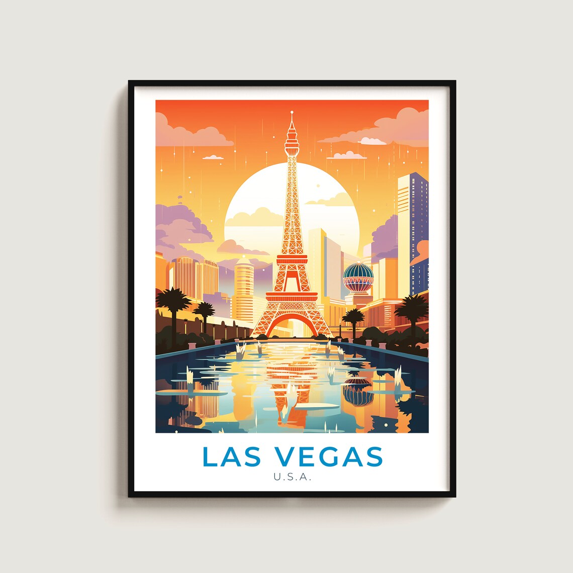 Las Vegas Eiffel Tower Strip Fountains Sunset Vintage Travel Poster