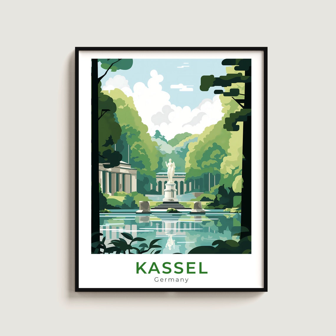 Kassel Germany Park Lakeside Travel Poster with Classical Statue View