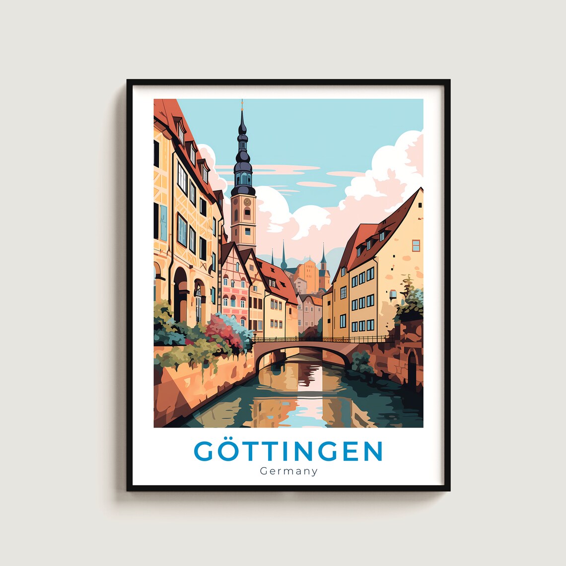 Gottingen Germany Canal Bridge Travel Poster of Old Town Waterway