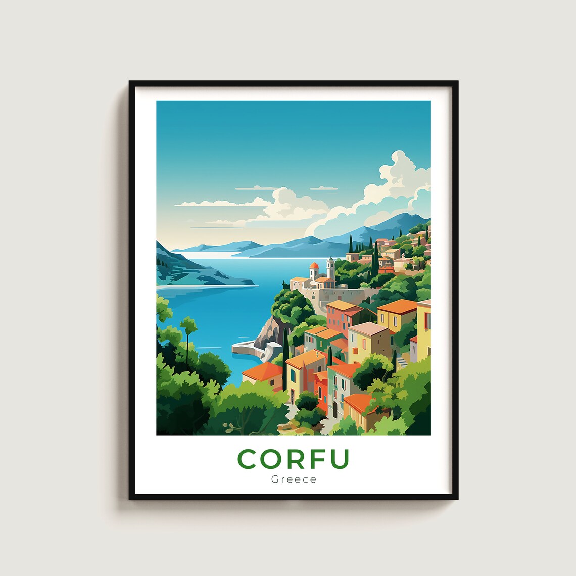 Corfu Greece Colorful Coastal Village Sea View Travel Poster Decor