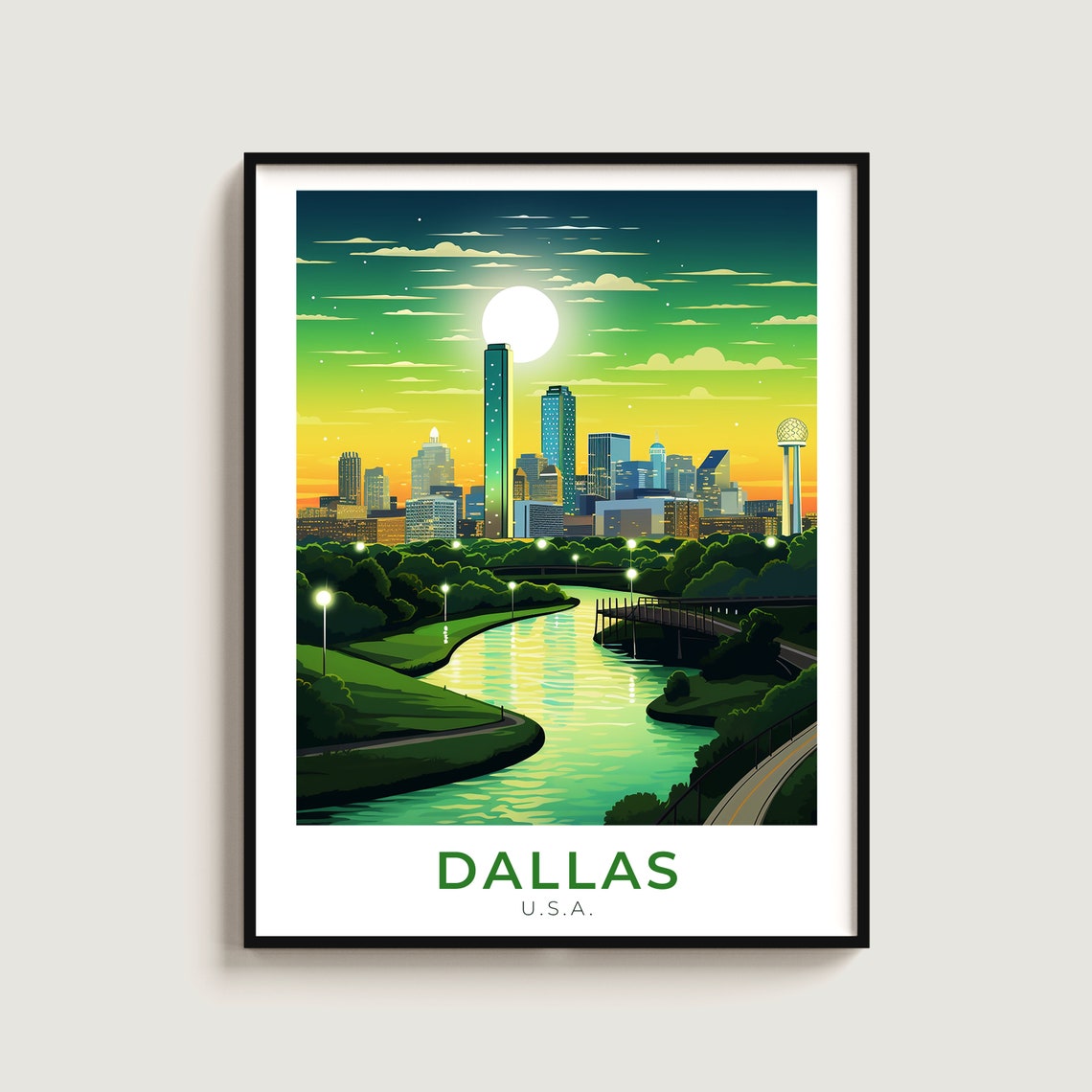 Dallas Texas Moonlit Skyline Trinity River Night Vintage Travel Poster
