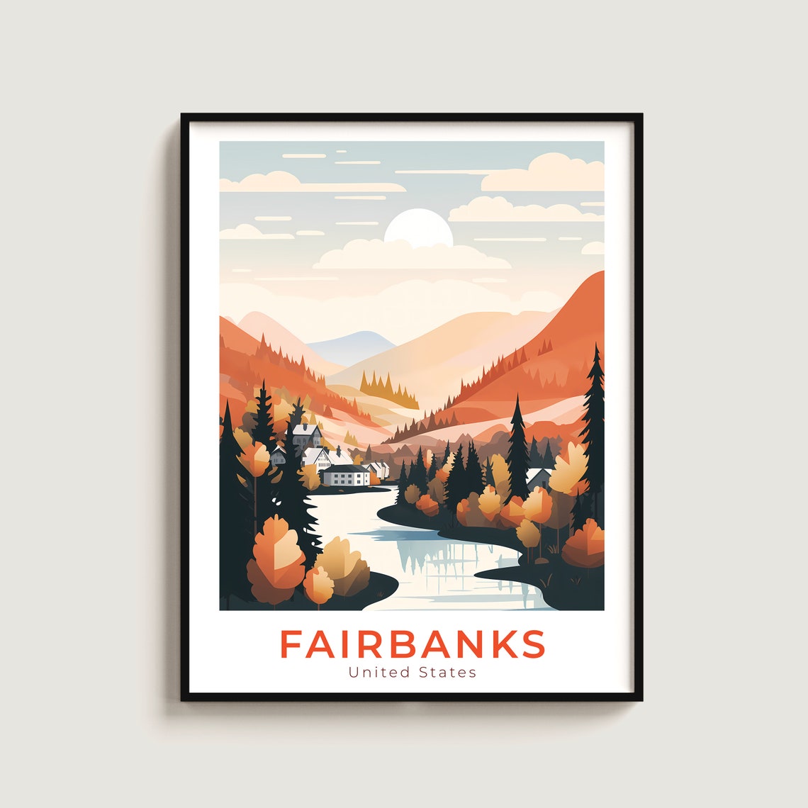 Fairbanks Alaska Autumn River Valley Mountains Travel Poster