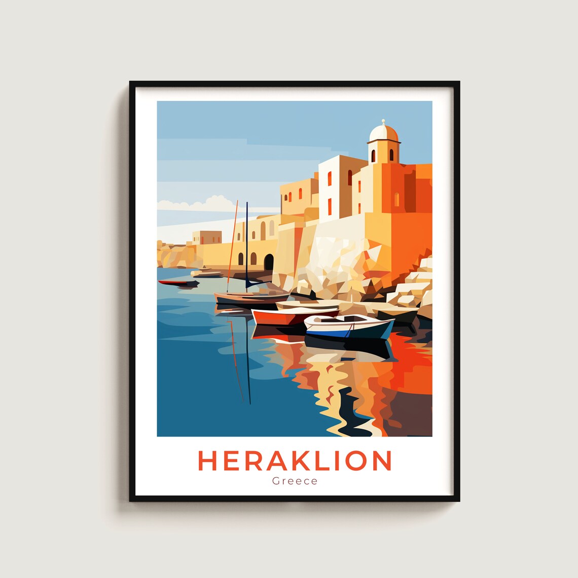 Heraklion Greece Harbor Boats Fortress Walls Sunset Travel Poster