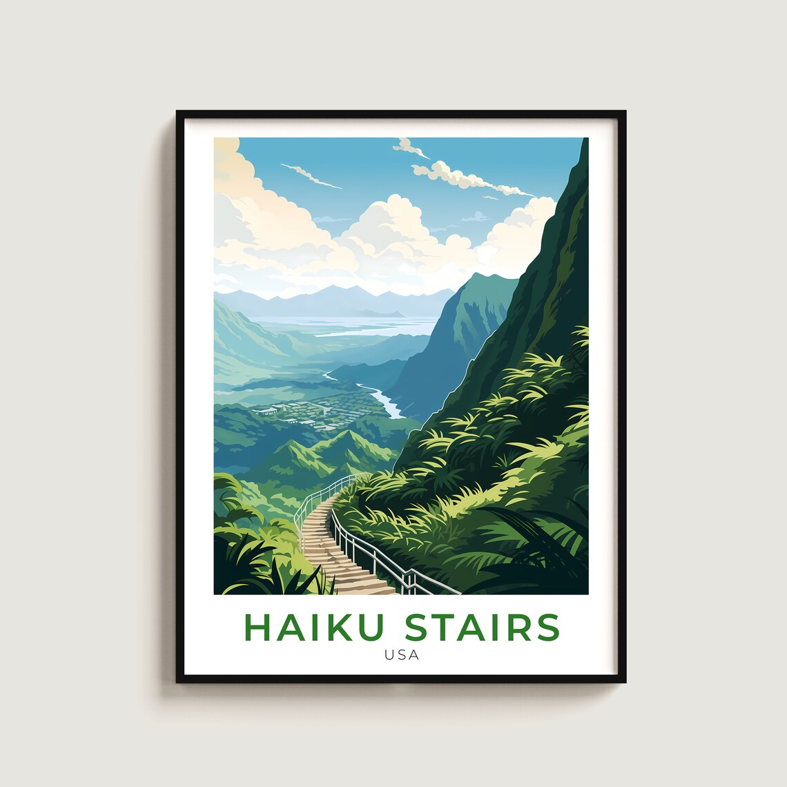Haiku Stairs Hawaii Mountain Ridge Trail Valley View Travel Poster