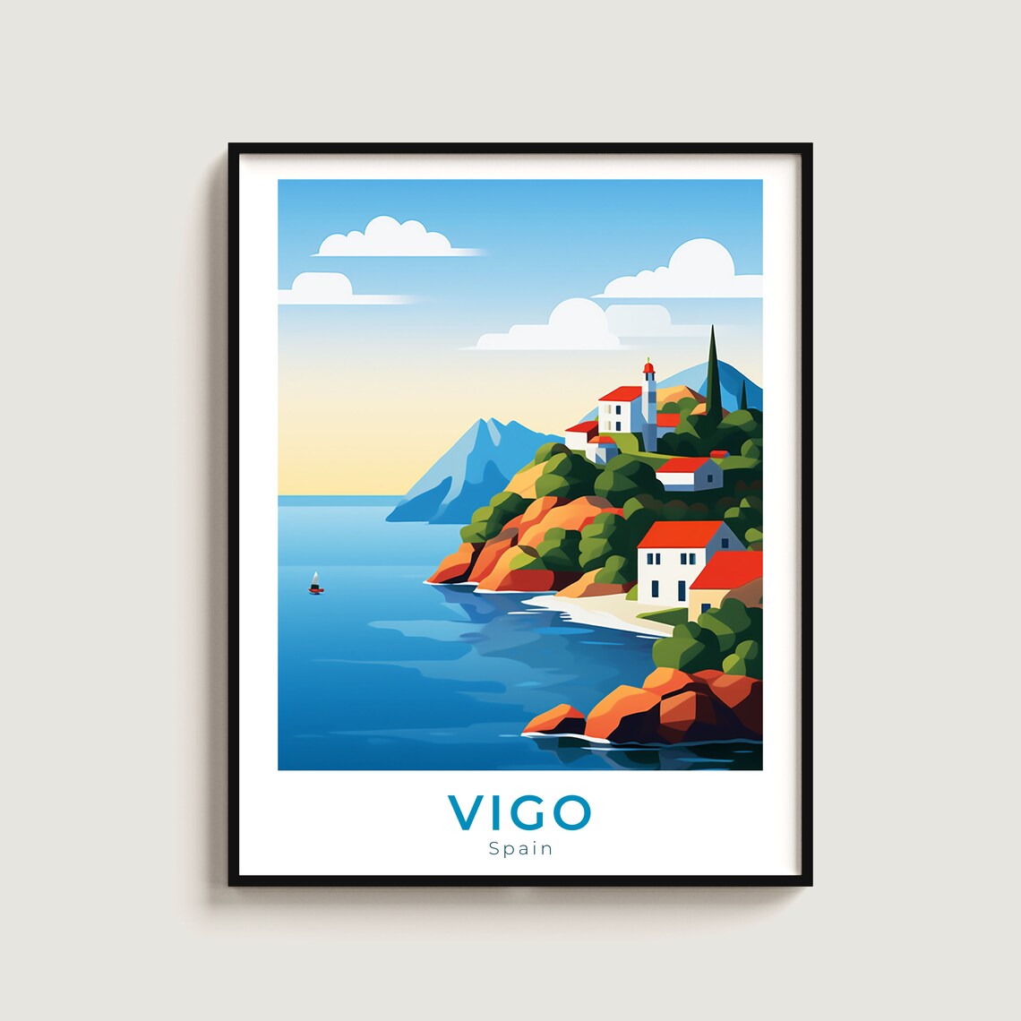 Vigo Spain Coastal Cliff Village Church Sailboat Travel Poster