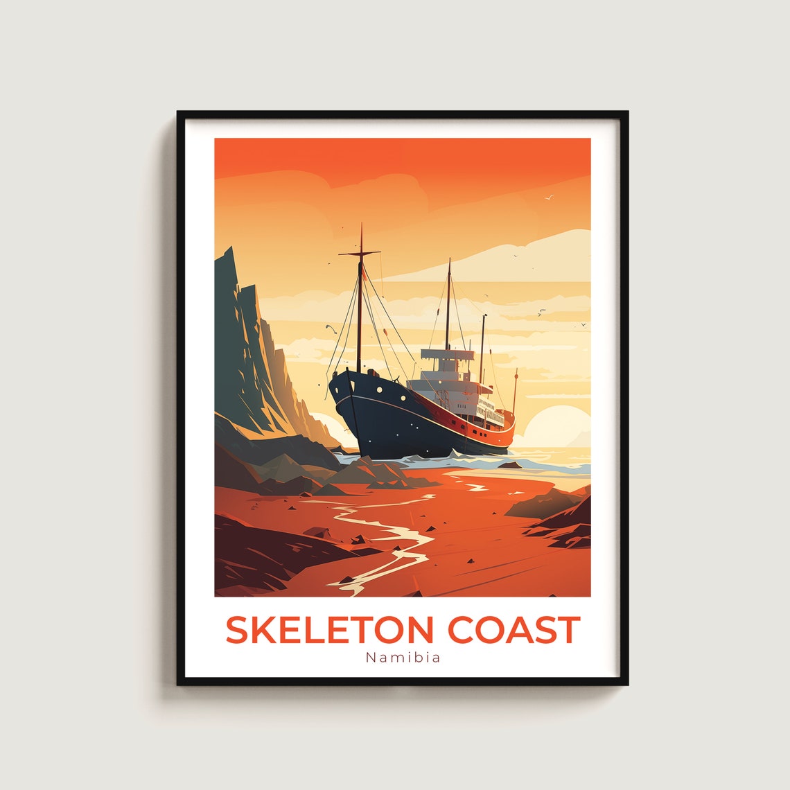 Skeleton Coast Namibia Shipwreck Desert Sunset Ocean Travel Poster