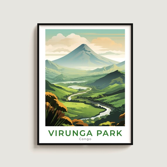 Virunga Park Congo Green Volcano Valley River Safari Travel Poster
