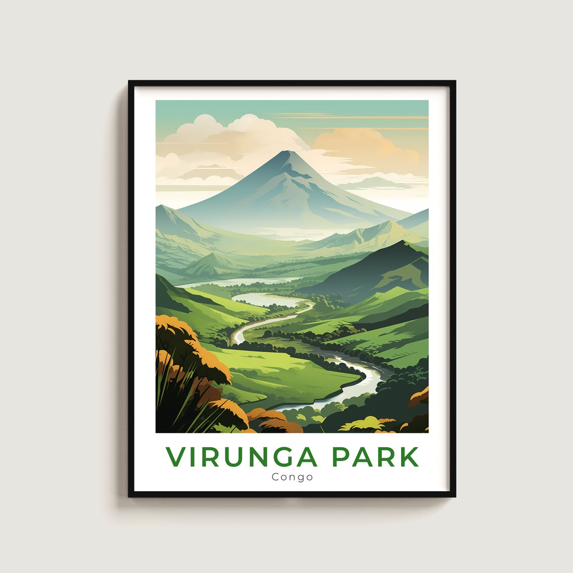 Virunga Park Congo Green Volcano Valley River Safari Travel Poster