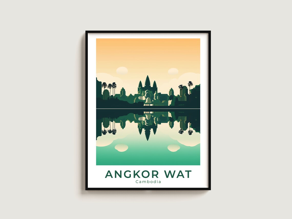 Angkor Wat Cambodia Ancient Temple Sunrise Reflection Travel Poster