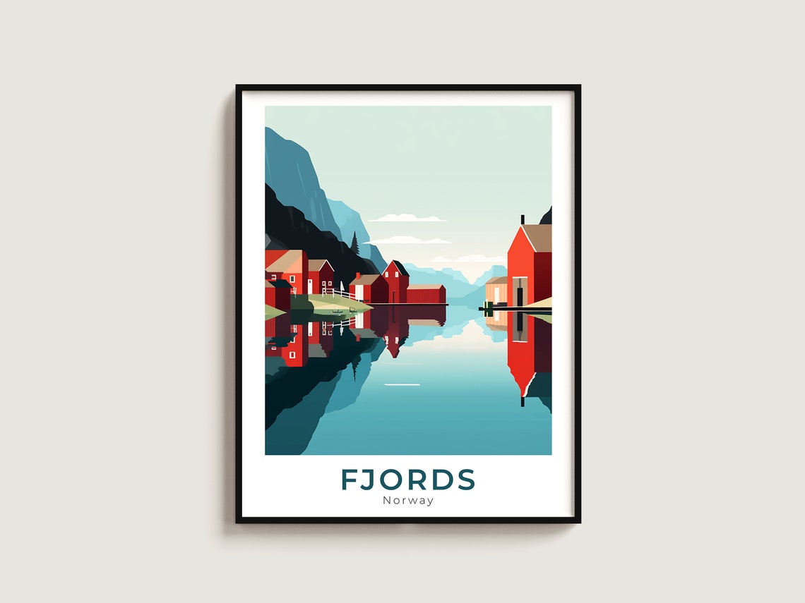 Norway Fjords Red Wooden Cabins Still Water Reflection Travel Poster