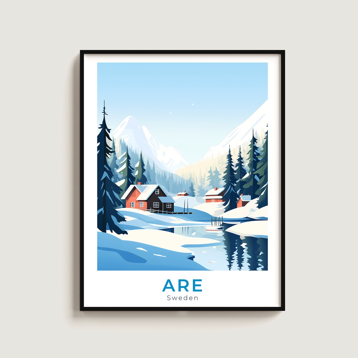 Are Sweden Snowy Lake Red Cabins Pine Forest Mountain Travel Poster