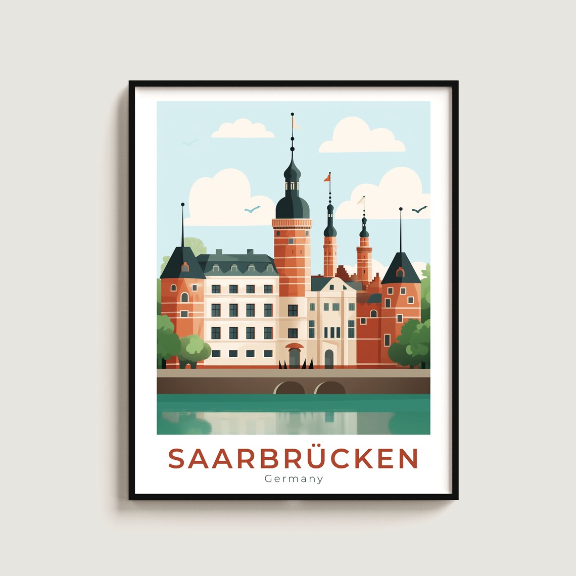 Saarbrucken Germany Baroque Palace Domed Towers River Travel Poster