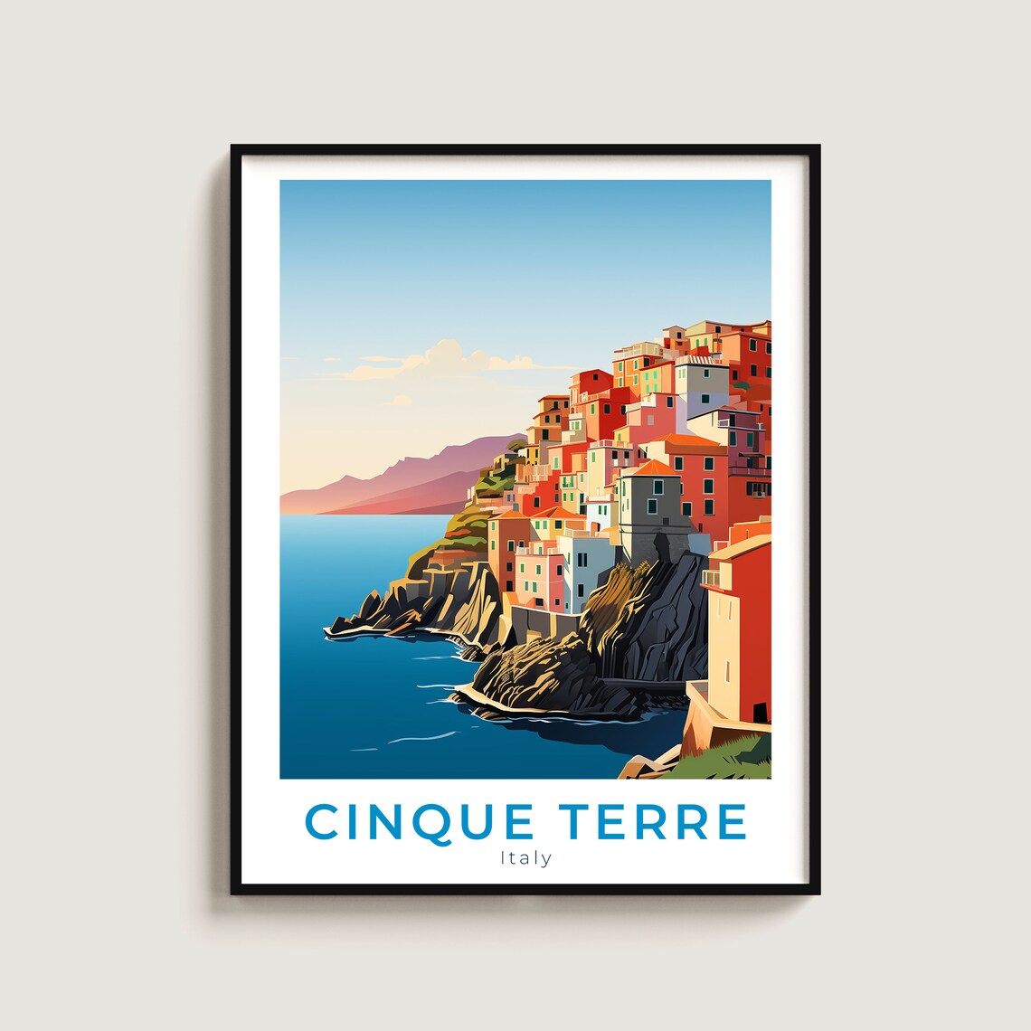 Cinque Terre Italy Sunset Cliff Village Ocean Travel Poster Art