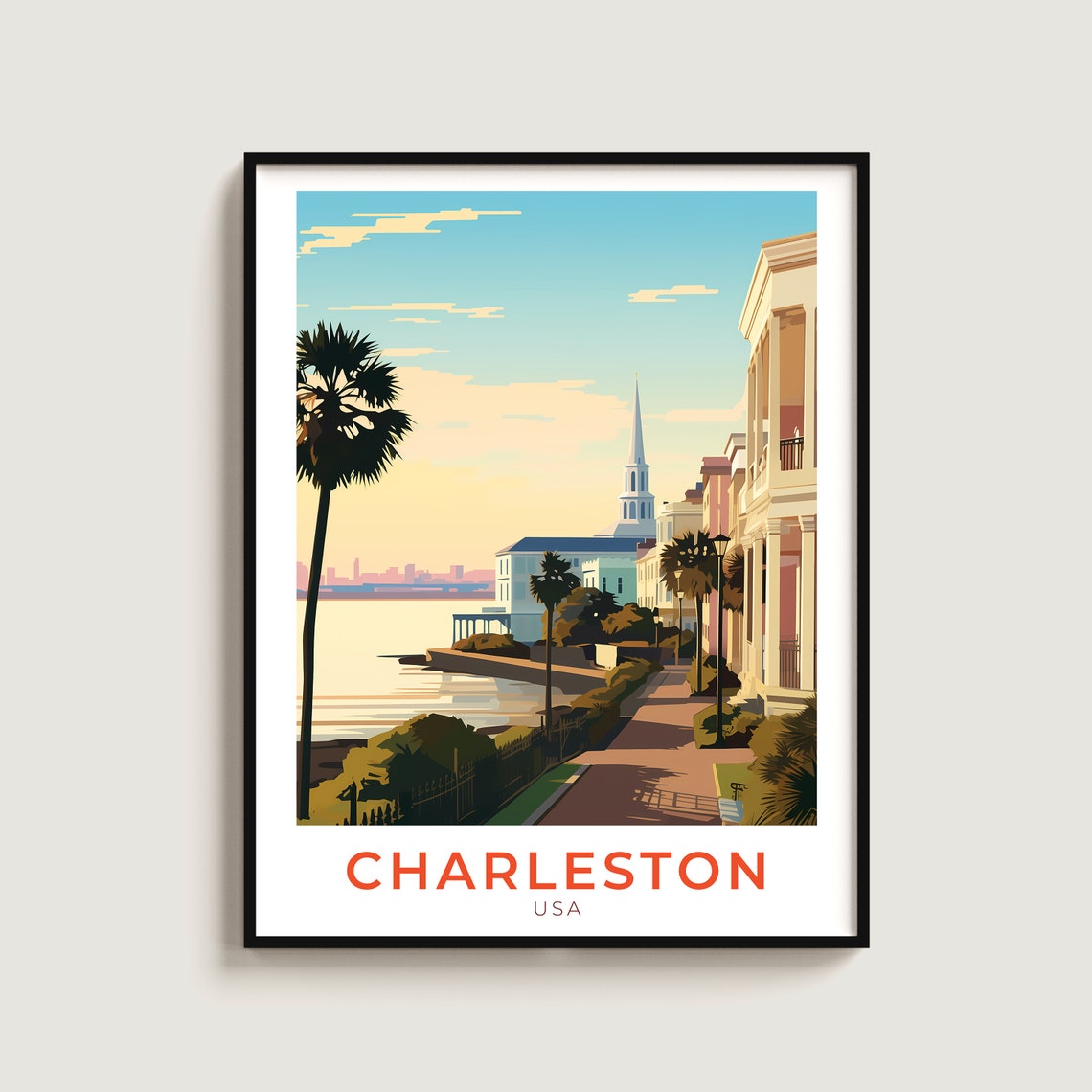 Charleston Waterfront Palms Church Steeple Historic Homes Poster