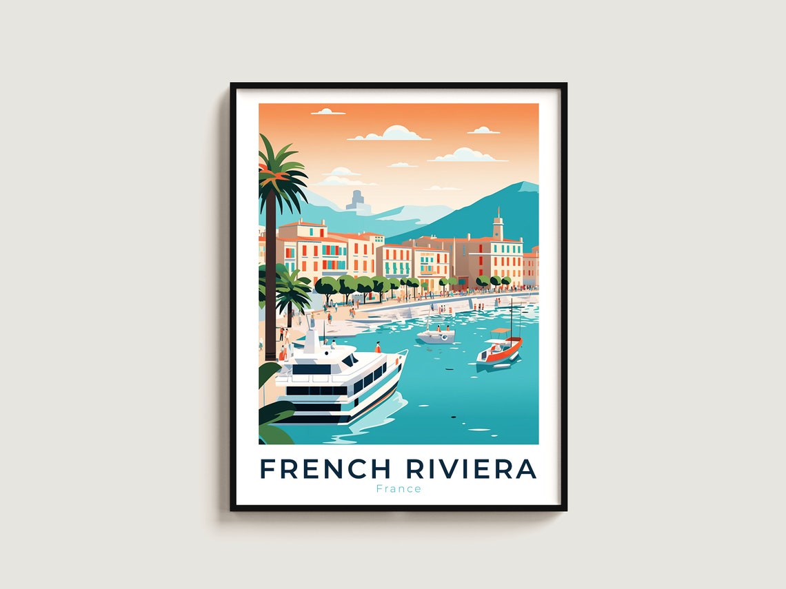 French Riviera France Harbor Yachts Promenade Sunset Palms Poster